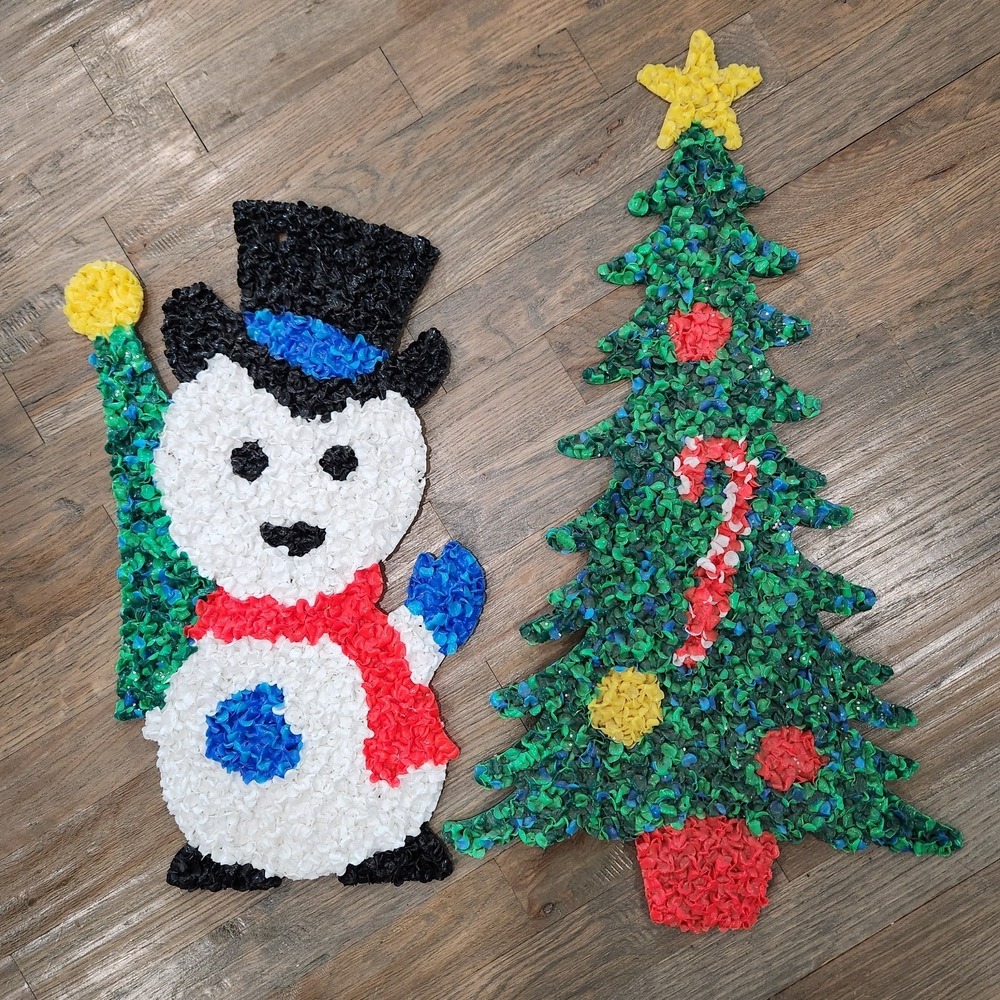 VTG Lot Of 2 Jolly Snowman Christmas Tree Handmade Melted Plastic Popcorn Hang